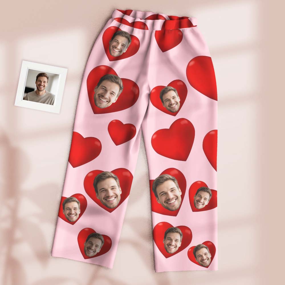 Custom Pajamas Pants Dark Tone with Embedded Photo Hearts Adjustable Waistband Multiple Color Options Valentine's Day Gift