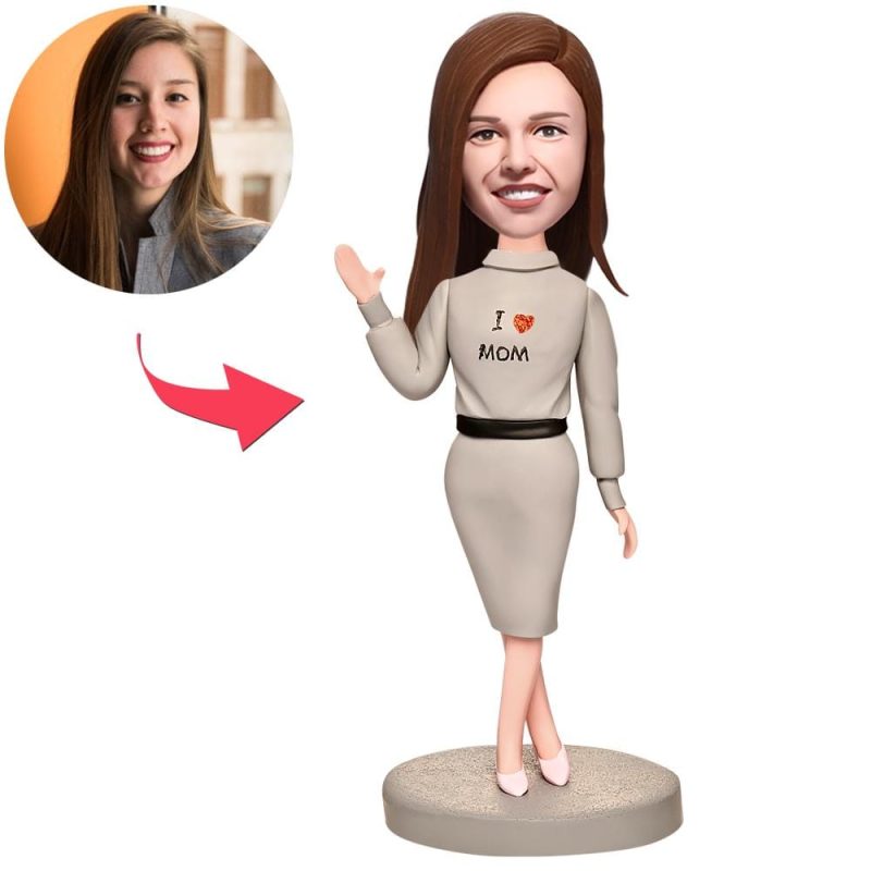 Personalized Bobblehead with Engraved Text Mother’s Day Gift – Mother in Grey Dress