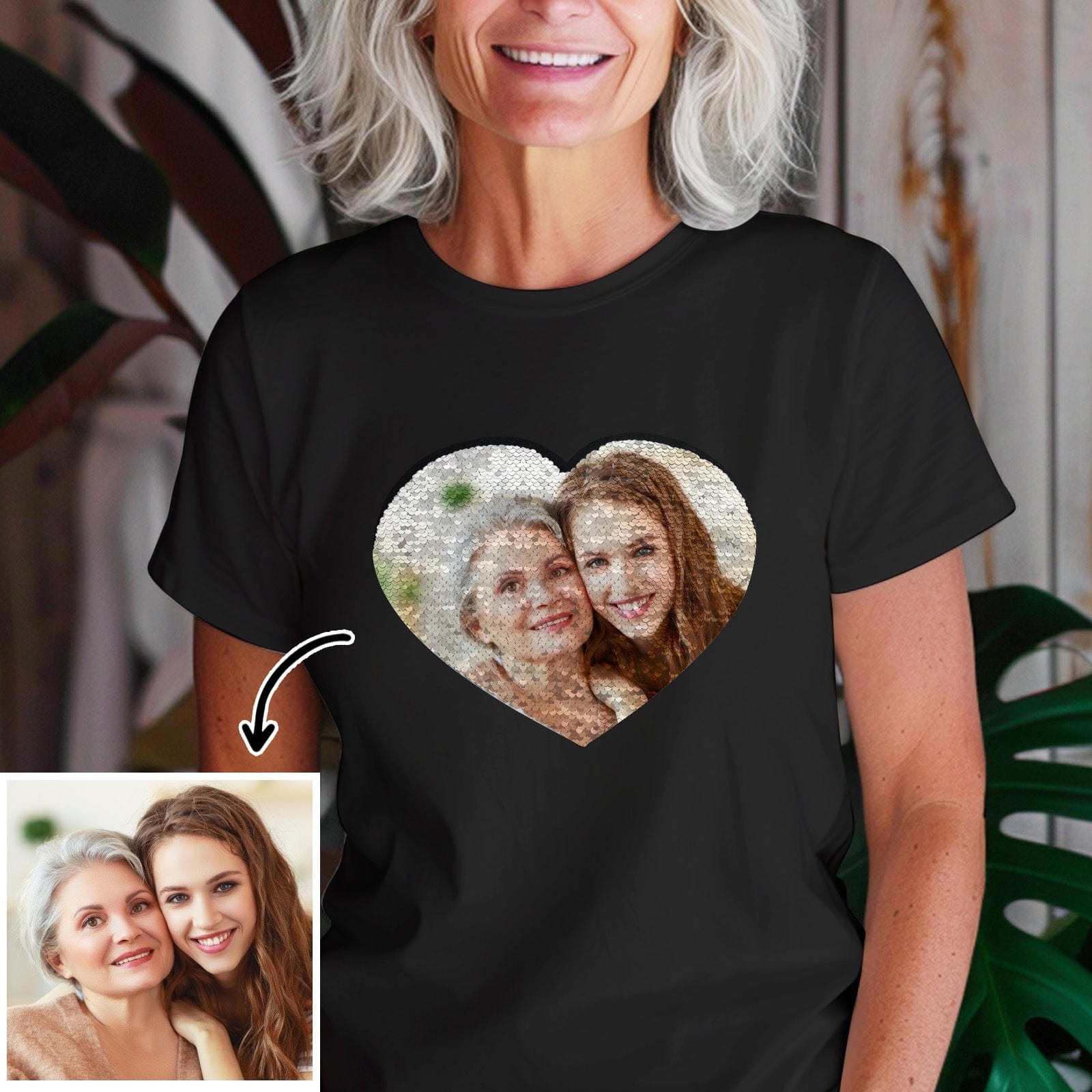 Custom Photo Heart Flip Double Sided Sequin T-shirt Personalized Picture Sequin Tee Mother's Day Gifts - Image 3