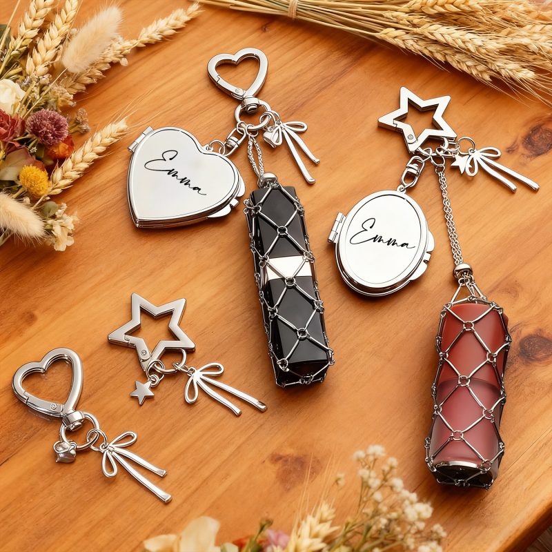 Personalized Lipstick Keychain with Mirror: Stainless Steel Makeup Bag Charm Valentine’s Day Gifts