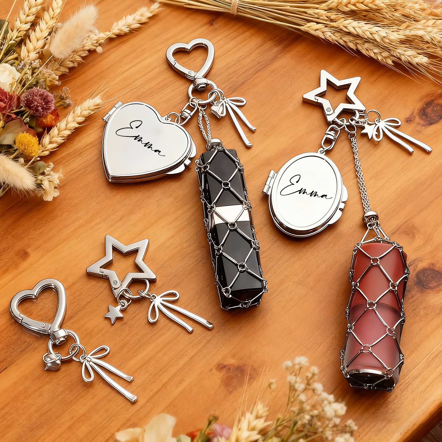 Personalized Lipstick Keychain with Mirror: Stainless Steel Makeup Bag Charm Valentine's Day Gifts