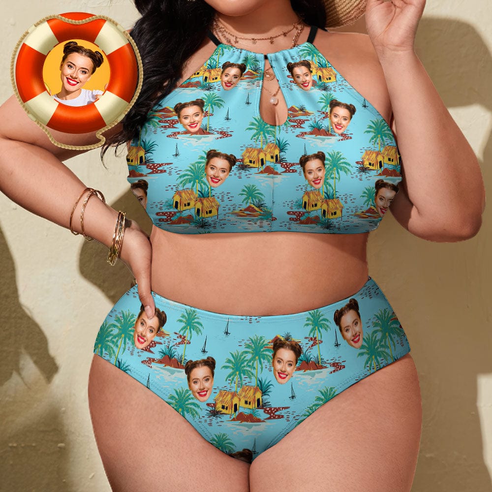 Personalized Swimsuits Custom Face Plus Size Swimwear High Waisted Bikini Swimsuit-Seaside