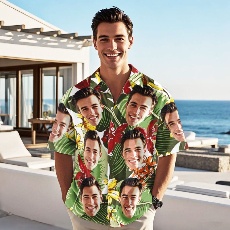 Custom Face Hawaiian Shirt Summer Flamingo Palm Tree Floral Shirt Vacation for Men