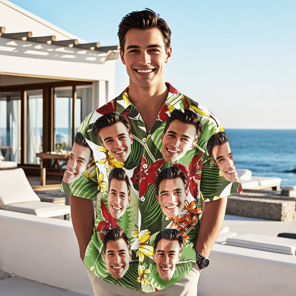 Custom Face Hawaiian Shirt Summer Flamingo Palm Tree Floral Shirt Vacation for Men