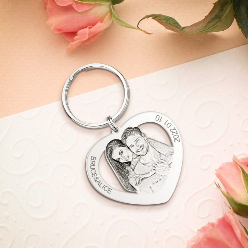 Anniversary Date keychain Heart Keychain Photo Engraved Keychain First Month Anniversary Gift