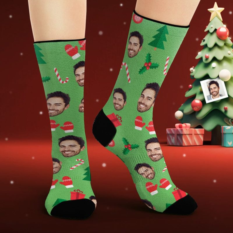 Custom Face Socks Personalized Photo Green Socks Christmas Gingerbread Man