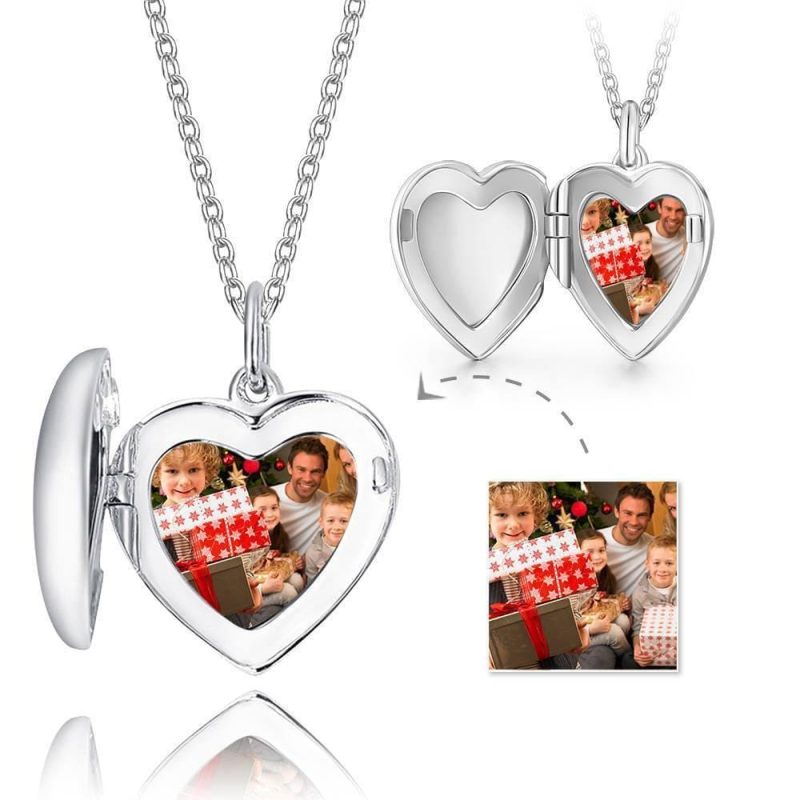 Engraved Heart Locket Necklace with Photo Gift for Her