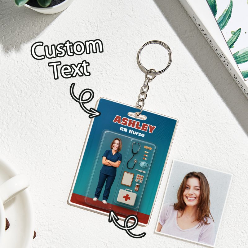 Custom 3D Effect Action Figure Customizable Head Packaging Toy Box Style Art Gift Personalized 2D Printing Acrylic Keychain Nurses Day Gift for Nurse