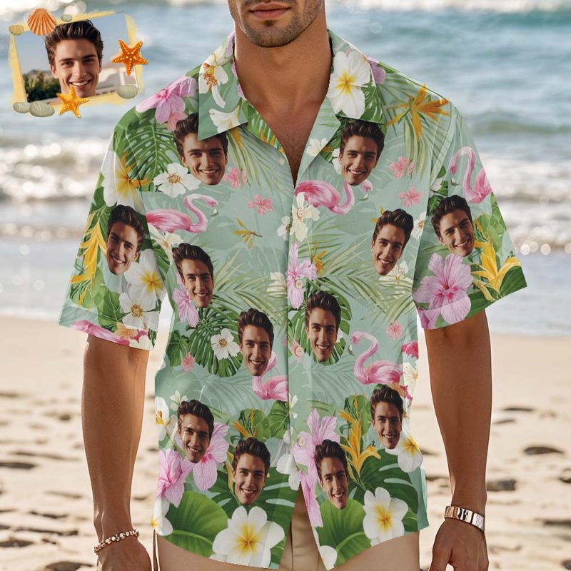 Custom Hawaiian Shirt Flamingo And Green Leaves Personalized Photo Hawaiian Shirt Funny Gift