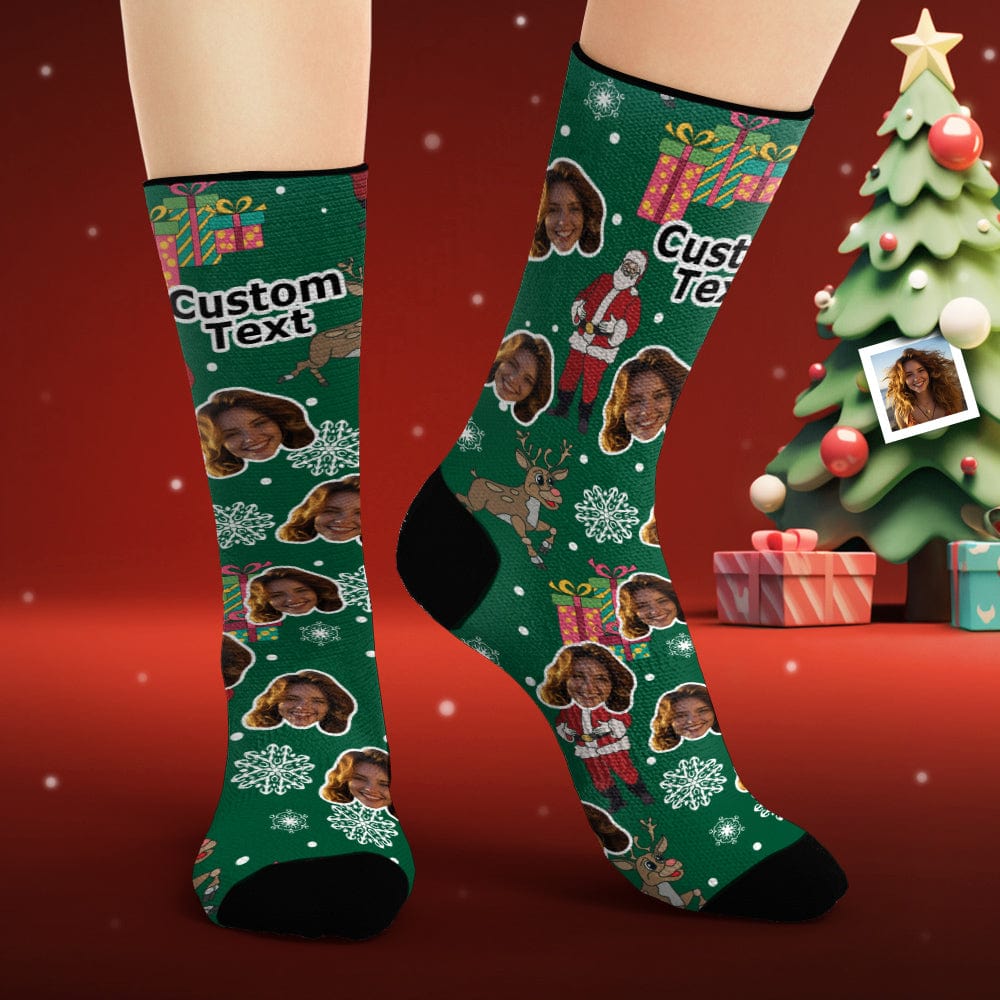 Custom Face Socks Personalized Photo Green Socks Santa Claus and Gifts Merry Christmas - Image 2