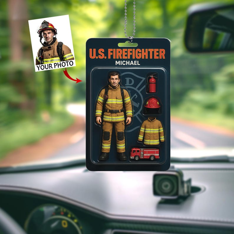 Fully Body Customizable 3D Effect Action Figure Pack Packaging Toy Box Style Art Gift Personalized Acrylic Car Hanger Gift for Fireman