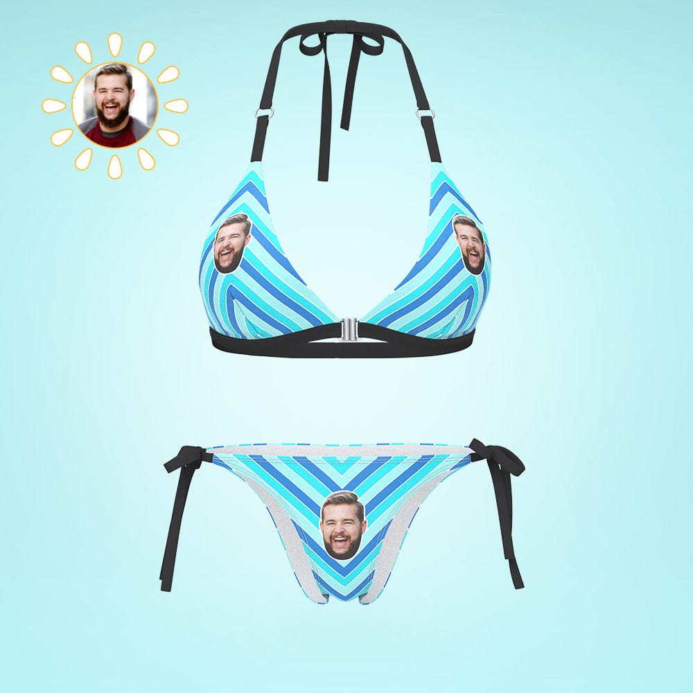 Custom Face Bikini Women's Sexy Back & Front Close Swimwear Colored Stripes Gift For Her - Image 4