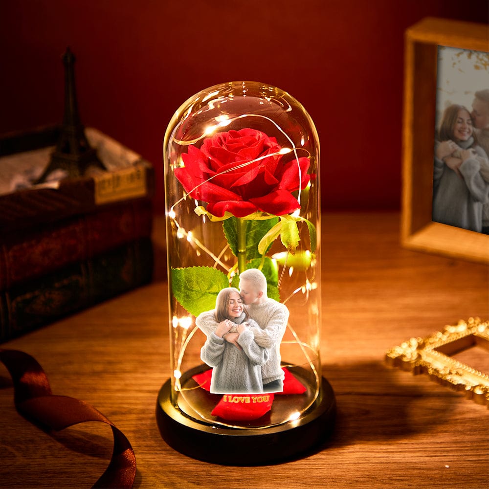 Custom Photo Text Eternal Rose Flower LED Night Light Romantic Simulation Eternal Rose Flower Glass Cover for Anniversary and Valentine's Day - Image 2