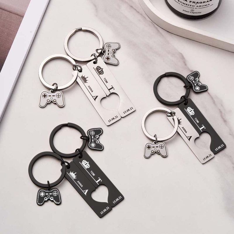 2 Personalized Couple Keychains Engraved Name and Date with Gamepad Charm Keyrings
