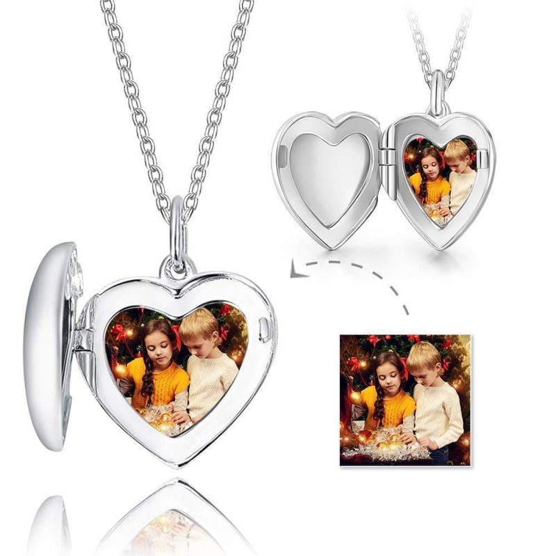 Engraved Heart Photo Locket Necklace Gifts for Mom Silver