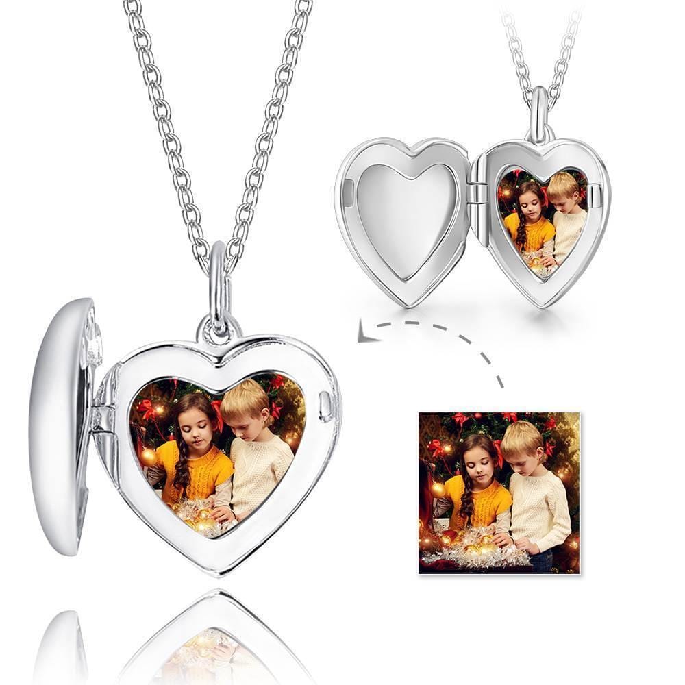 Engraved Heart Photo Locket Necklace Gifts for Mom Silver