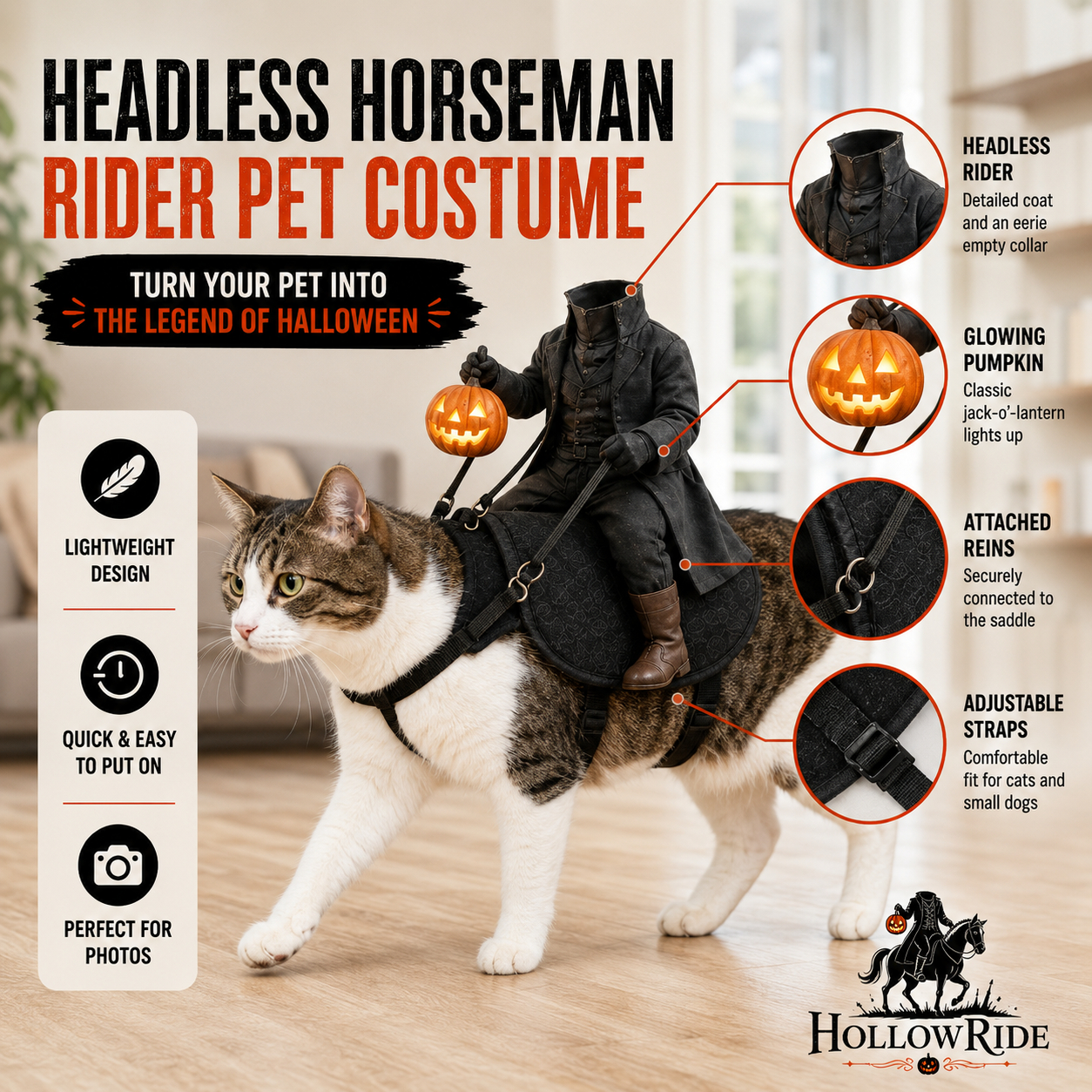 Halloween Cat Costume Headless Horseman Rider Spooky Pet Outfit For Dogs Cats Perfect Gift For Halloween Party 9 - Image 2