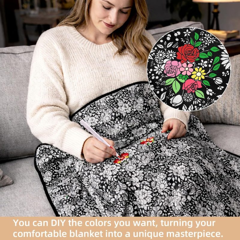 Coloring Blanket with Washable Markers DIY Coloring Blanket Washable Coloring Throw, Family Activity Gift, Stress Relief Craft for Adults and Kids