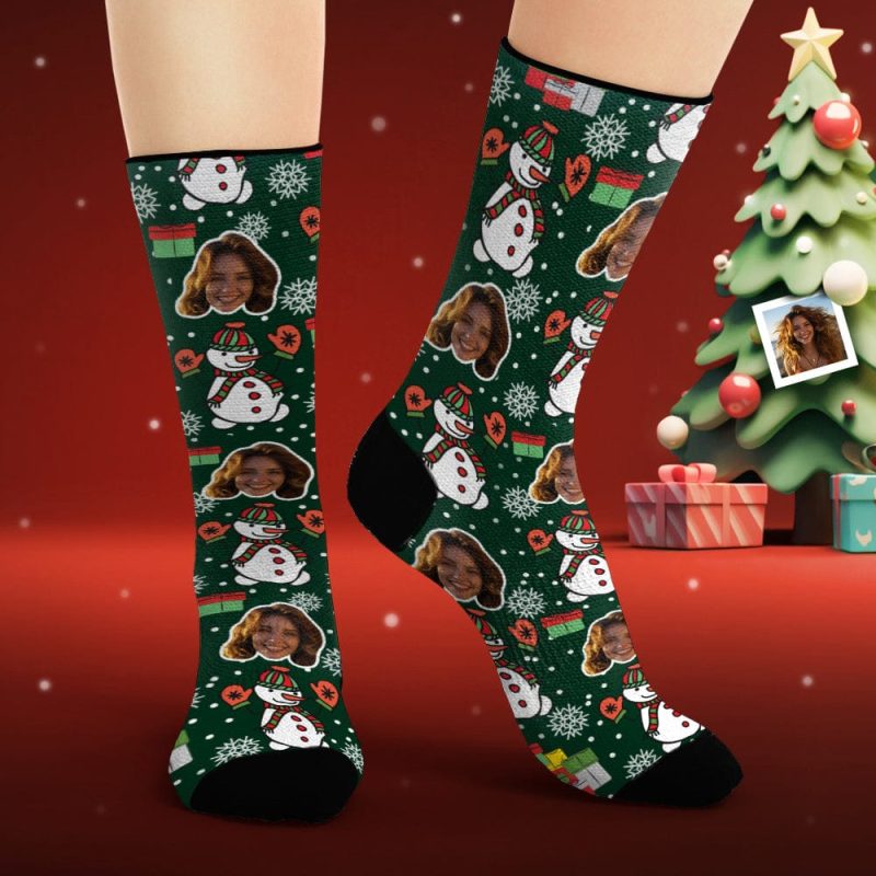 Custom Face Socks Personalized Photo Green Socks Funny Snowman