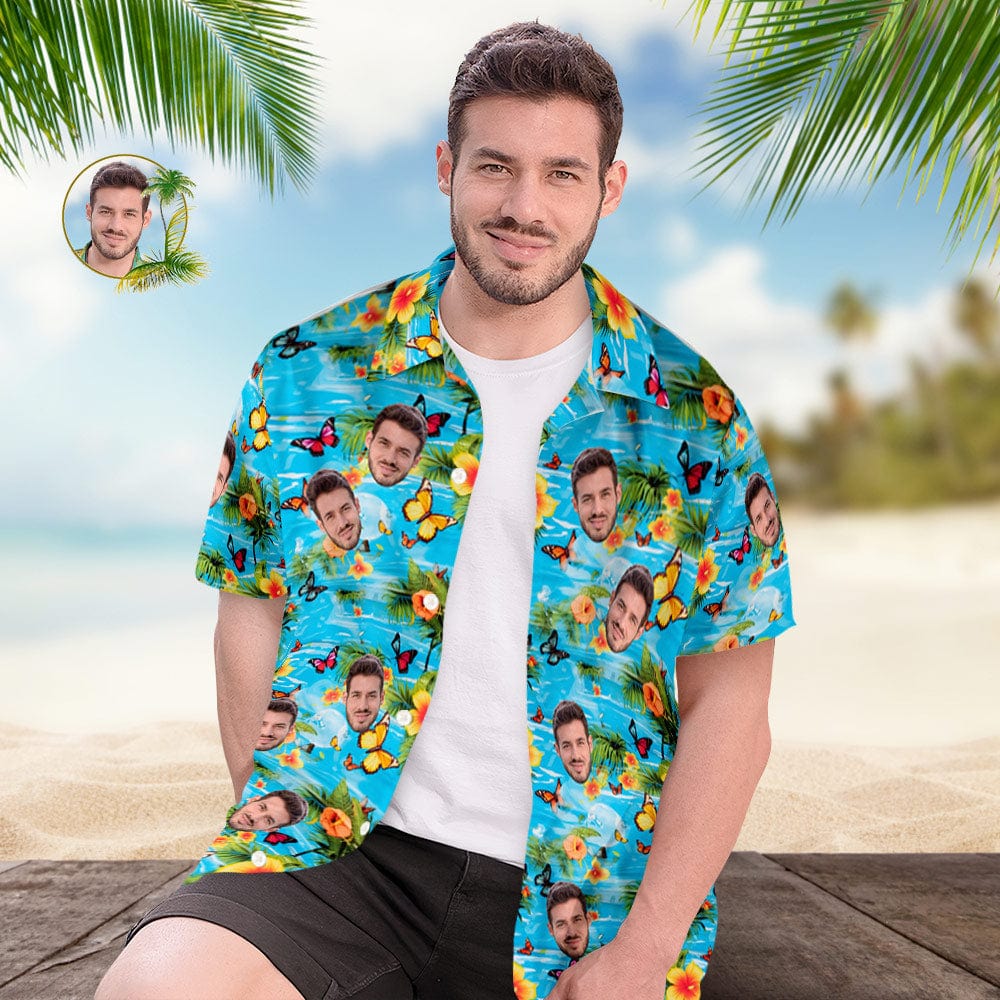 Custom Face All Over Print Men's Hawaiian Shirt Butterflies Yellow Flowers and Leaves