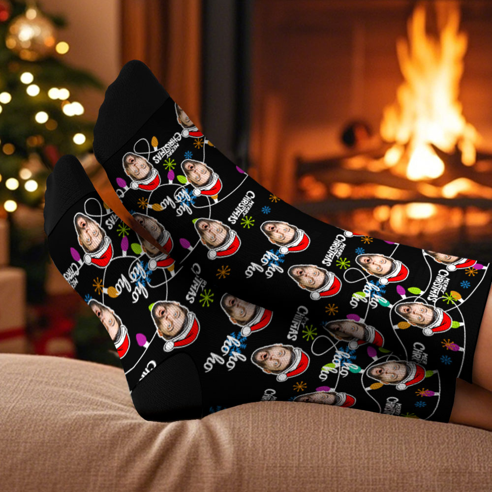 Custom Lantern Merry Christmas Face Multicolor Socks Personalized Christmas Photo Socks Fun Gift for Family & Couples - SantaSocks - Image 2