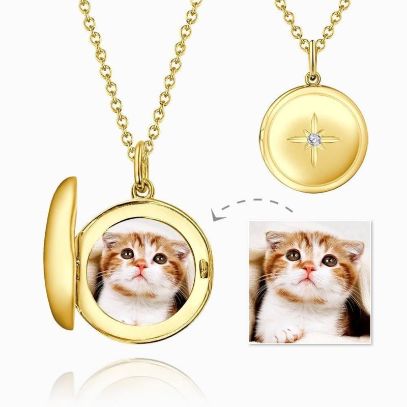 Photo Locket Necklace Personalized Gifts for Her Star Printing 14k Gold Plated