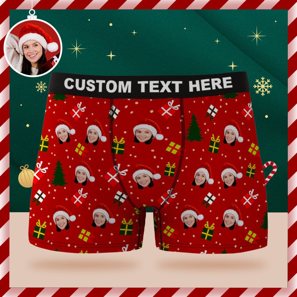 Custom Face Boxer Briefs Personalized Green Underwear Christmas Tree and Gifts Merry Christmas for Him - Image 2