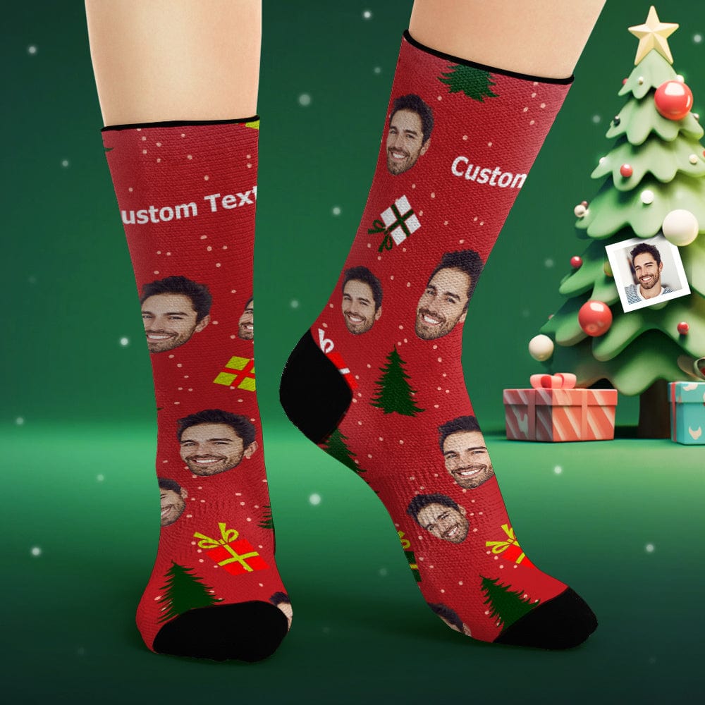 Custom Face Socks Personalized Photo Red Socks Christmas Tree and Gifts - Image 2