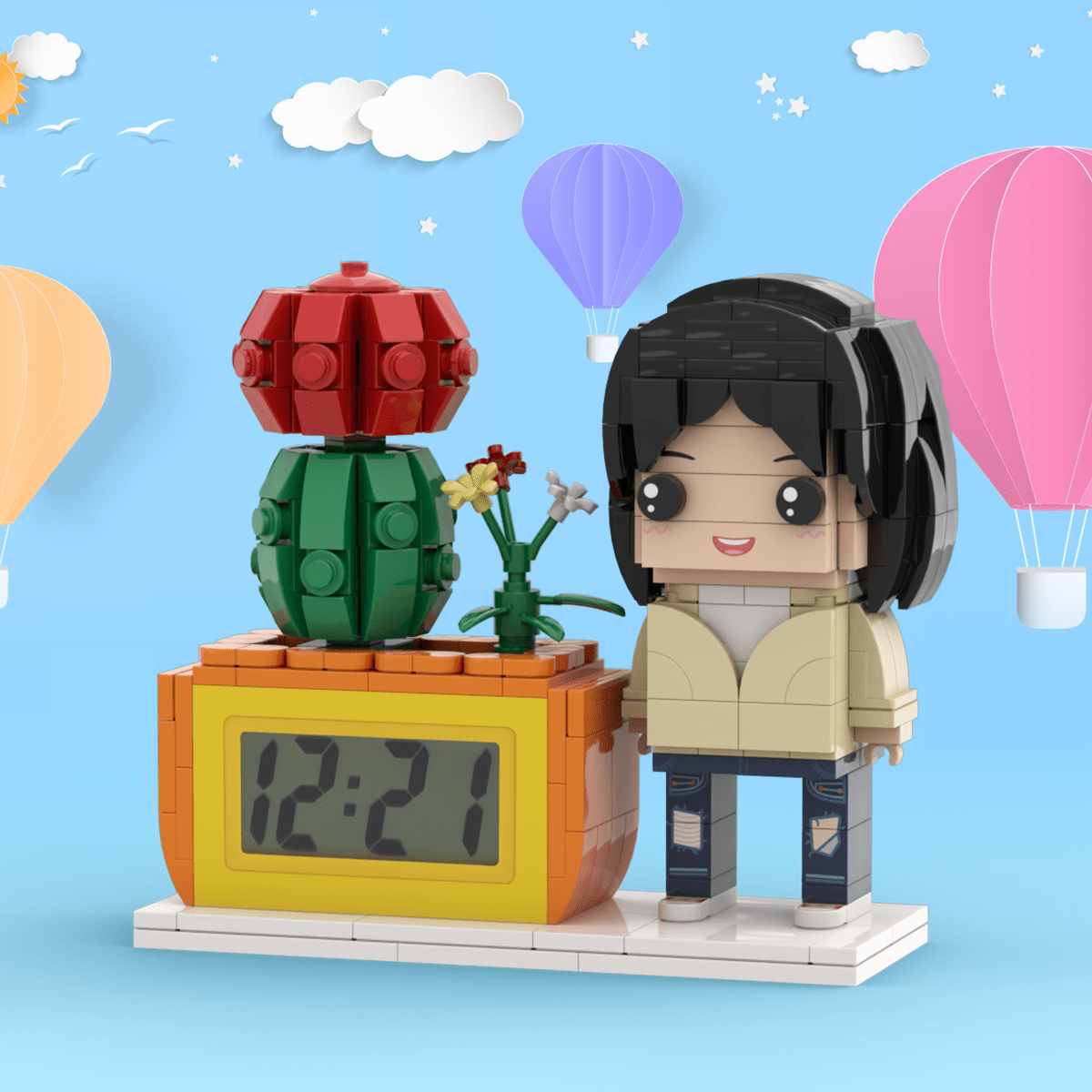 Gifts for Her Custom Brick Figures Clock Personalized Figures Potted Plant & Brick Clock - Image 2
