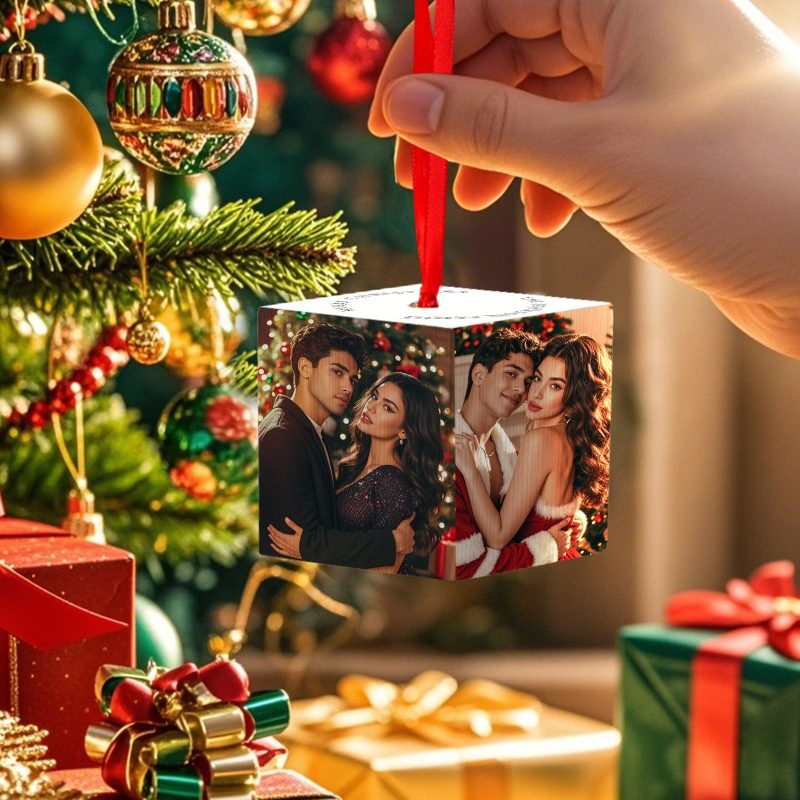 Merry Christmas Family Photo Cube Red Cube Ornament Personalized Simple 4 Photos Red Cube Ornament