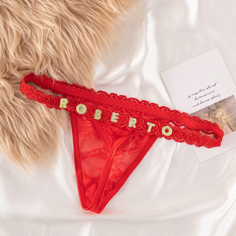 Valentine’s Day Gifts Custom Lace Thongs with Jewelry Crystal Letter Name Gift for Her