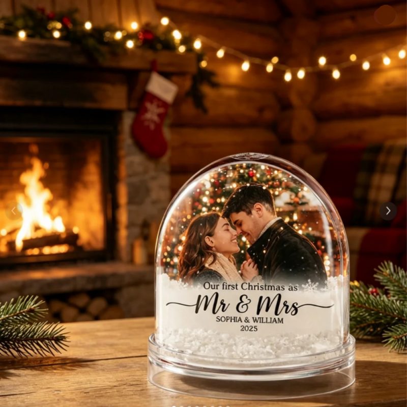 Custom Photo Snow Globe, Personalized Our First Christmas Snow Globe with Names & Year, Romantic Gift for Newlywed Couple