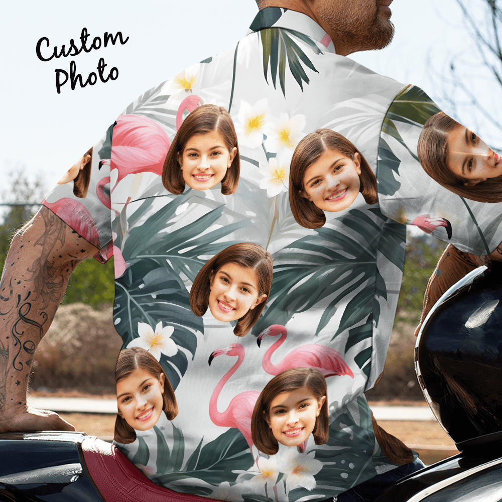 Custom Face All Over Print Men's Hawaiian Shirt Flamingo Pink Flowers and Leaves - Image 2