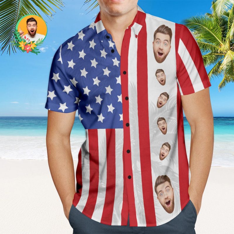 Custom Face Men’s Patriotic Hawaiian Shirt USA Flag Personalized Fashion Hawaiian Shirt