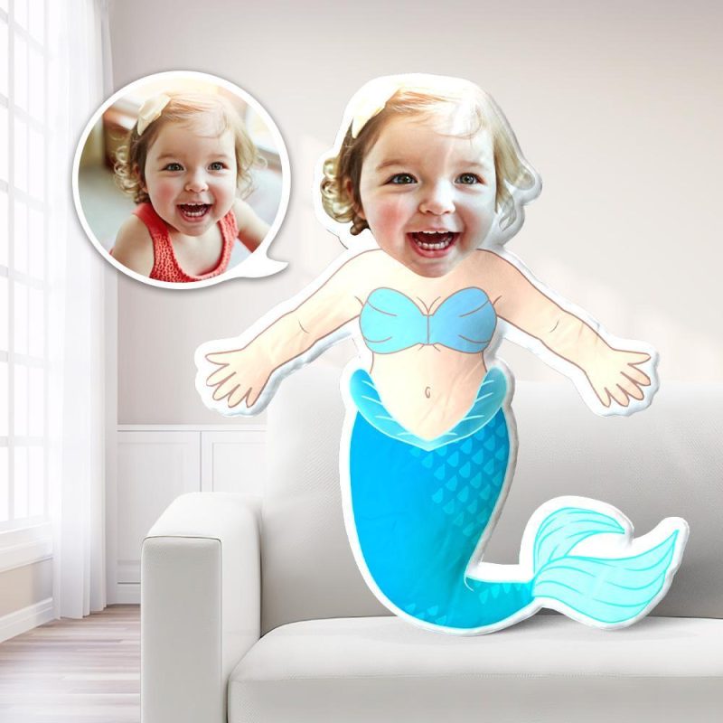 Mermaid Photo Pillows Girl Face Personalized Mermaid Cushions Custom Picture Costume MiniMe Doll Gift For Kid
