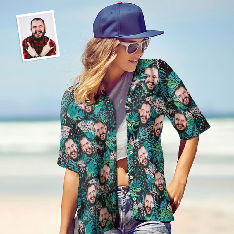Custom Face Shirt Personalized Photo Women’s Hawaiian Shirt Gift – Large Leaves Short Sleeve Shirt
