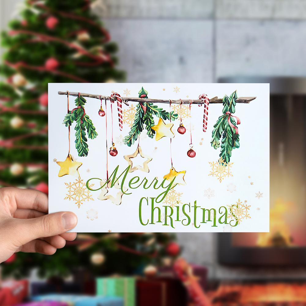 Xmas Cards Rustic Christmas Card Stars Snowflake-Horizontal Card - Image 2