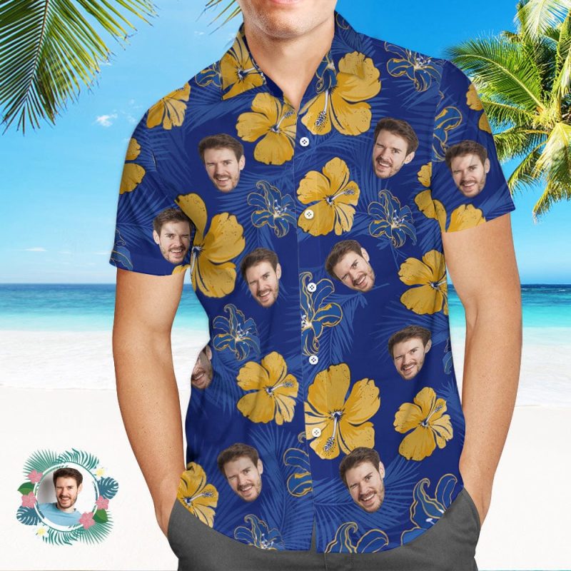 Custom Blue Hawaiian Shirts Personalized Colorful Leaves Aloha Beach Shirt Gift For Him