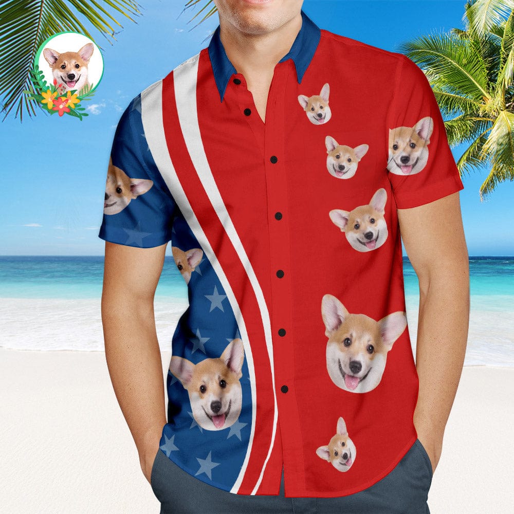 Custom Dog's Face Hawaiian Shirts 4th of July American Flag Independence Day Men's Hawaiian Shirts