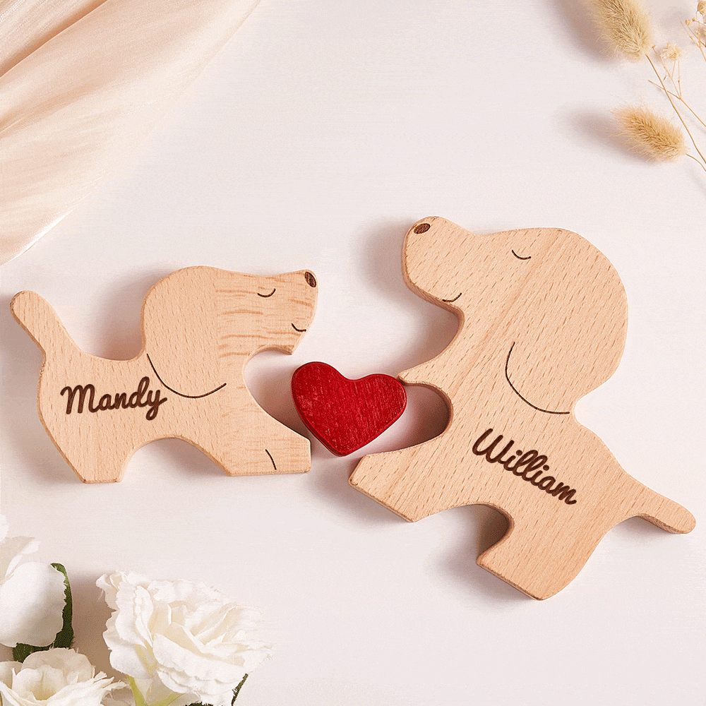 Custom Name Wooden Dog Couple Heart Blocks Valentine's Day Gifts - Image 2