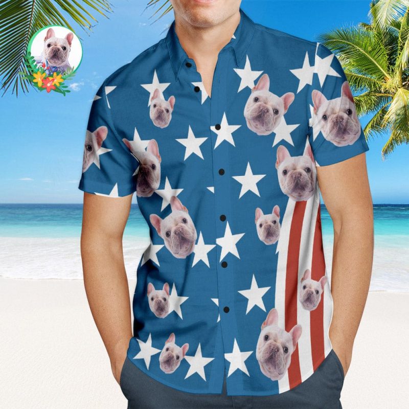 Dog’s Face Men’s Hawaiian Shirts 4th of July American Flag Patriotic Independence Day Hawaiian Shirts