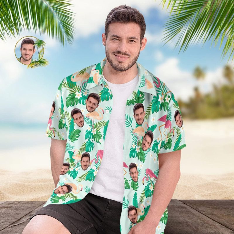 Custom Men’s Shirt Face All Over Print  Hawaiian Shirt Green Leaves and Flamingo
