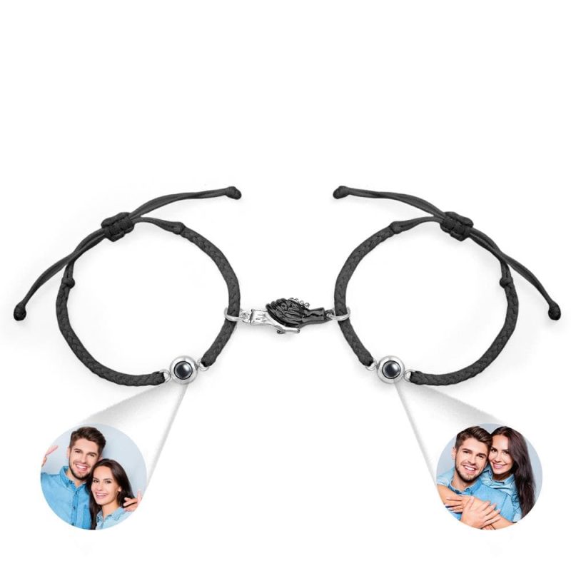 Custom Engraved Projection Bracelet Magnetic Shake Hands Couple Gift