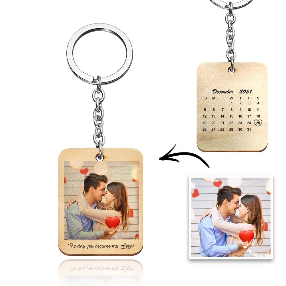 Custom Keychain, Personalized Photo and Date Wooden Key Ring Gift For Him