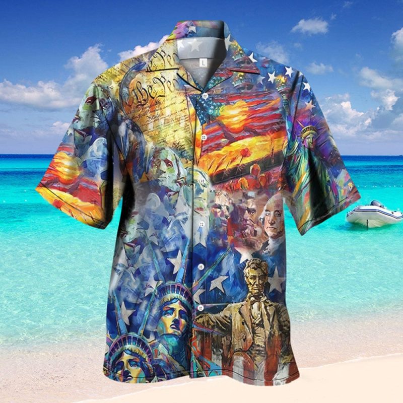 Men’s Short Sleeve USA Patriotic Hawaiian Shirts USA Flag Independence Day Shirts