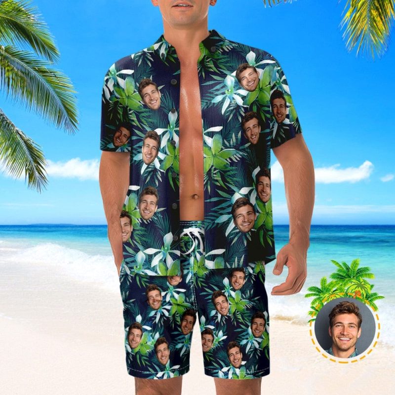 Custom Face Hawaiian Shirt And Beach Shorts Set Personalized Men’s Photo Tropical Leaves Set Vacation Party Gift