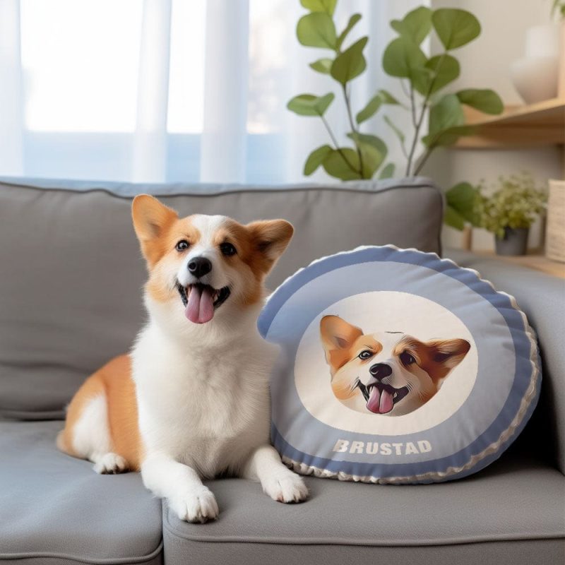 Custom Round Shape Pillow Personalized Pet Photo with Name Gift for Pet Lover – Blue