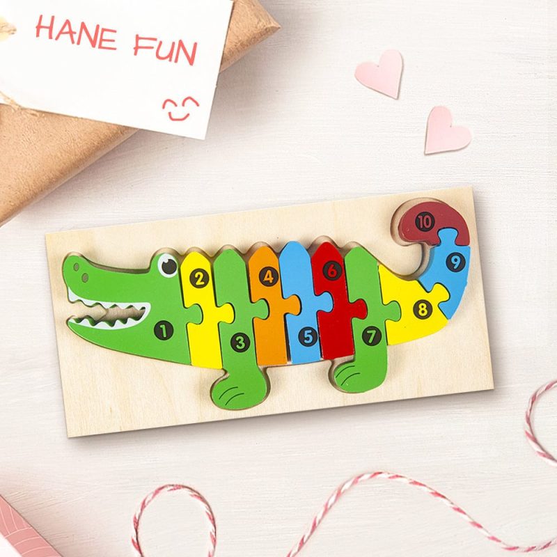 Wooden 3D Jigsaw Puzzle Crocodile Number Block Puzzles Educational Learning Montessori Toys for Toddlers