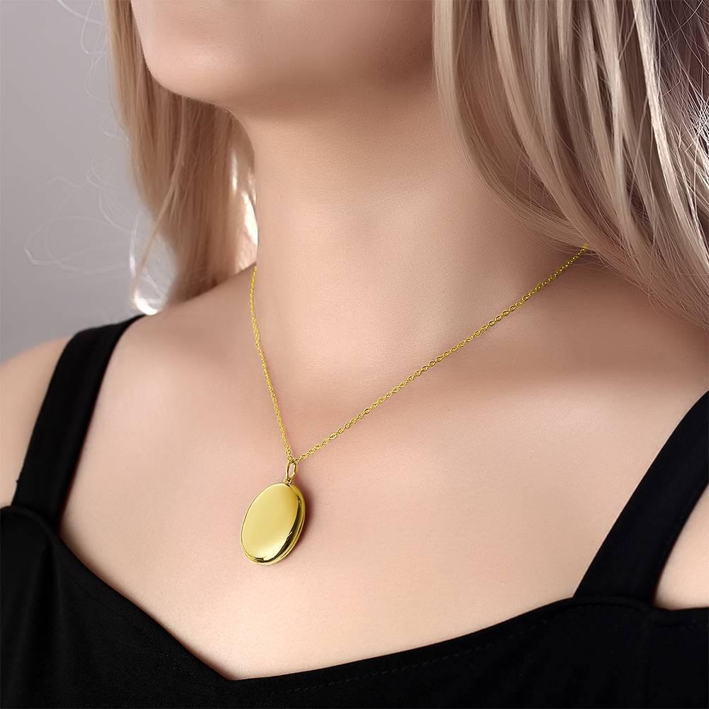 Personalized Photo Locket Necklace With Name Oval 14k Gold Plated - Image 2