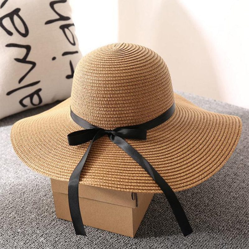 Women Straw Hat Beach Wide Brim Bow-Knot Big Floppy Folding Sun Hat